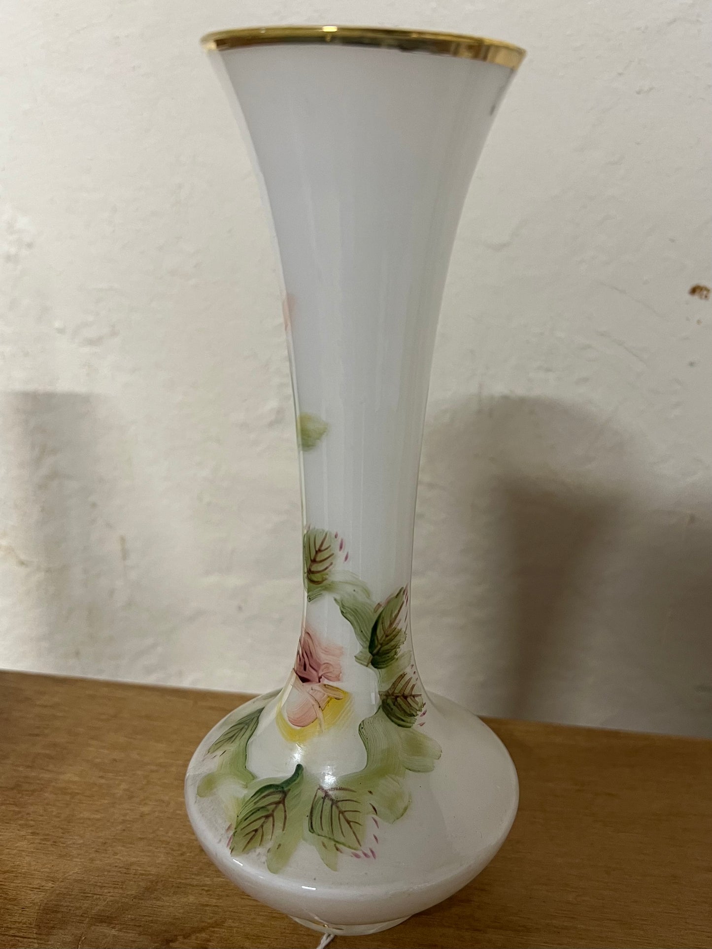 Vintage Milk Glass Floral Bud Vase with Gold Gilding, White