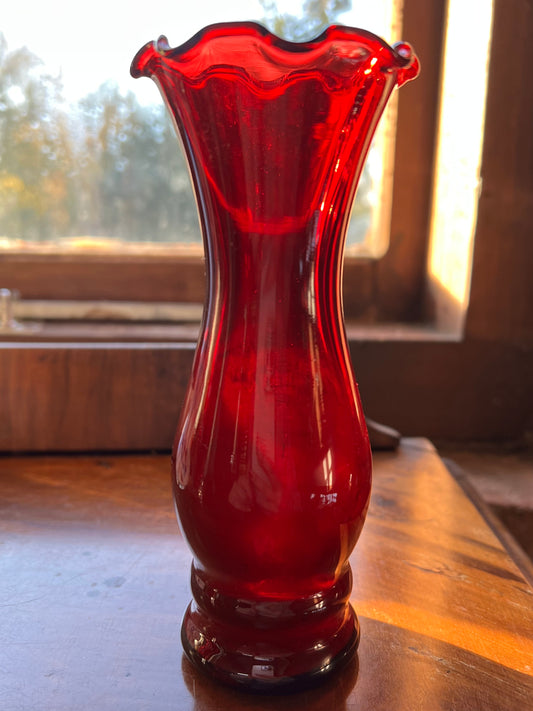 Small Red Decorative Fluted Glass Vase, Floral, Thin, Tall, Home Decor, Flowers