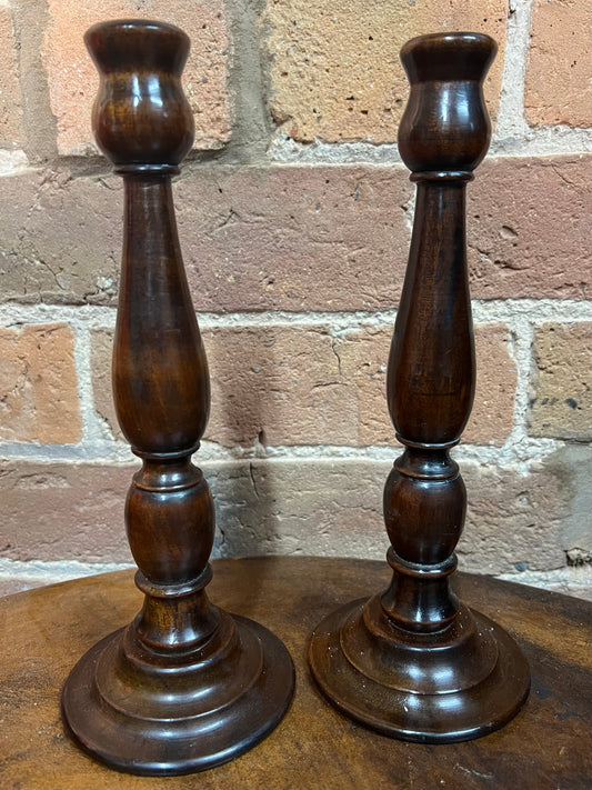 Pair of Antique Wooden Candlesticks, Brown, Wood, Candle, Home Decor, Set of 2