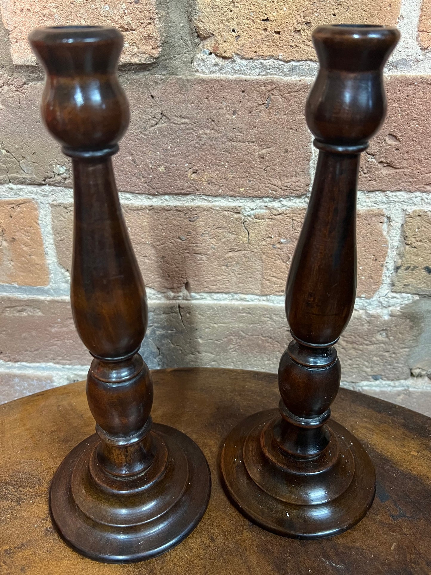 Pair of Antique Wooden Candlesticks, Brown, Wood, Candle, Home Decor, Set of 2