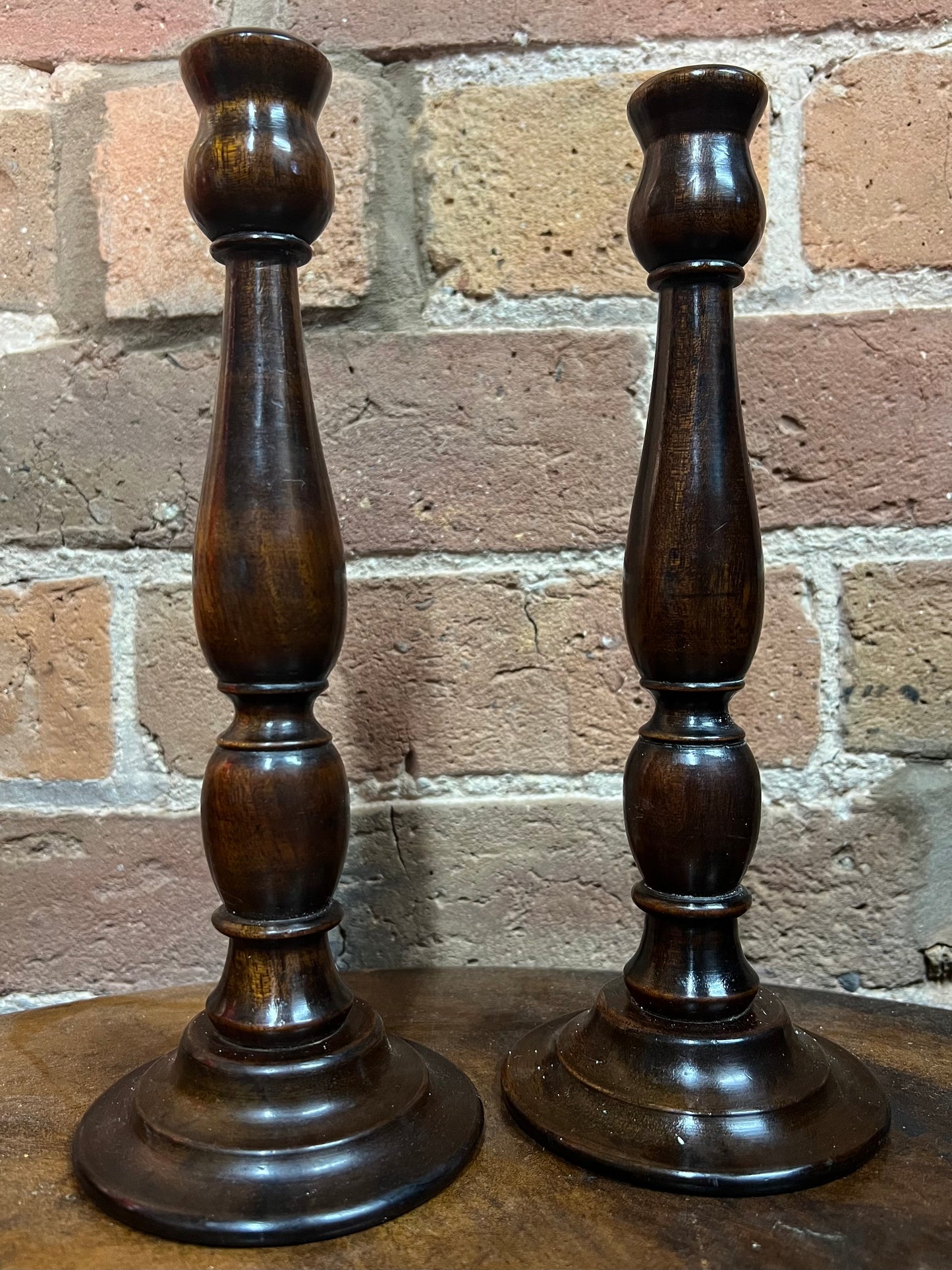 Pair of Antique Wooden Candlesticks, Brown, Wood, Candle, Home Decor, Set of 2