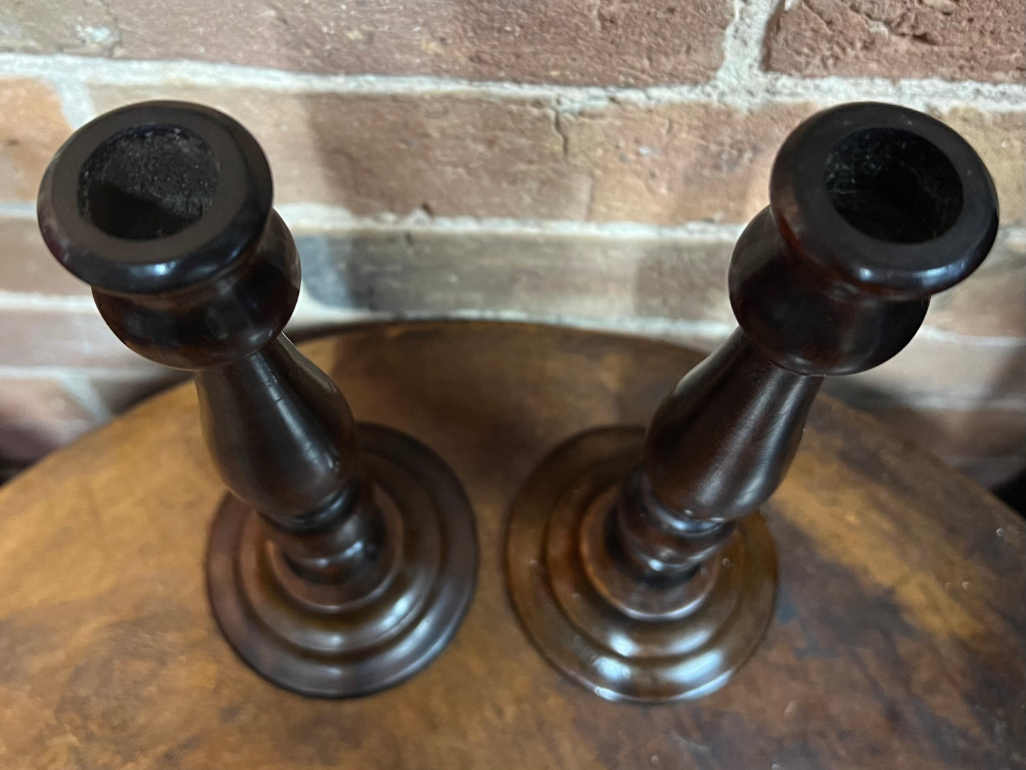 Pair of Antique Wooden Candlesticks, Brown, Wood, Candle, Home Decor, Set of 2