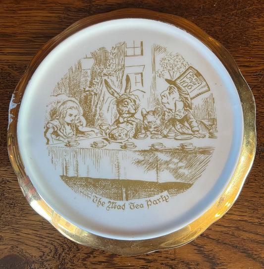 Small The Mad Tea Party Gold and White Plate, Alice in Wonderland, Vintage, Fine Bone China