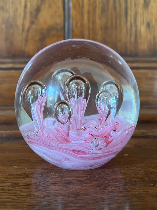 Vintage Round Glass Paperweight Decorative Pink White Swirl