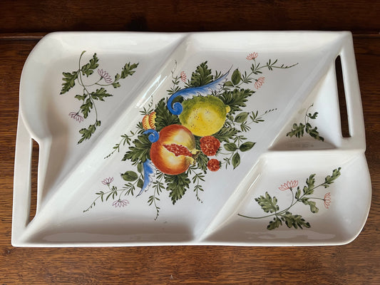 Vintage Ceramic Serving Tray Hand Painted Italy Fruit Decorative Split Plate