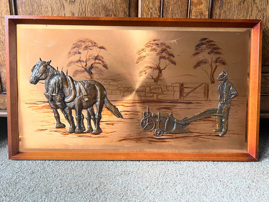 Pure Copper Wall Art Plaque Horse & Cart Farm Farmyard 3D Hand Made in Ireland
