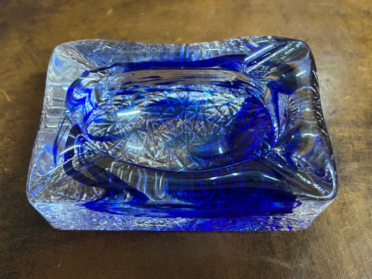 Decorative Glass Ashtray Royal Blue and Clear Heavy Rectangle Unusual Pretty