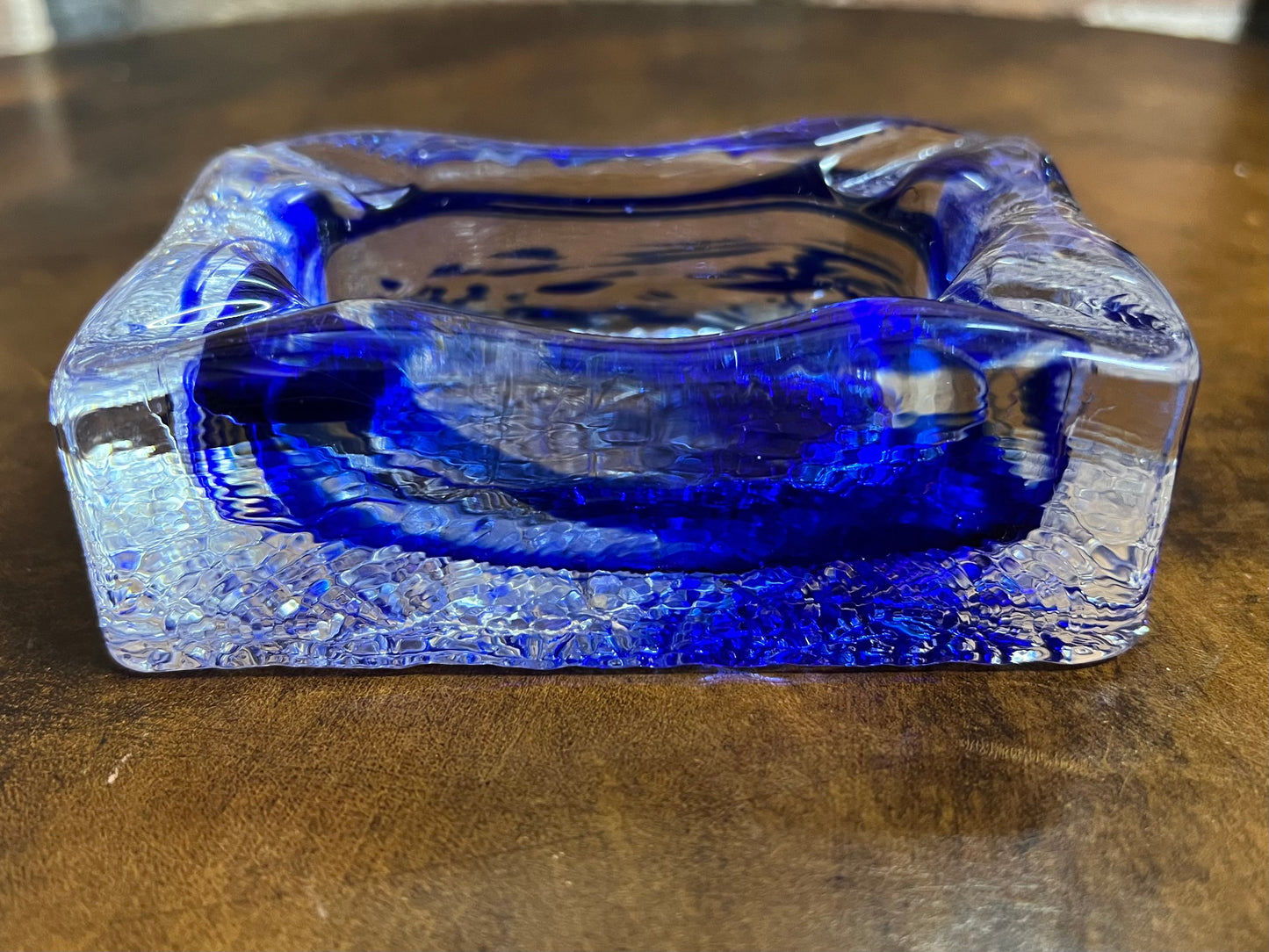 Decorative Glass Ashtray Royal Blue and Clear Heavy Rectangle Unusual Pretty