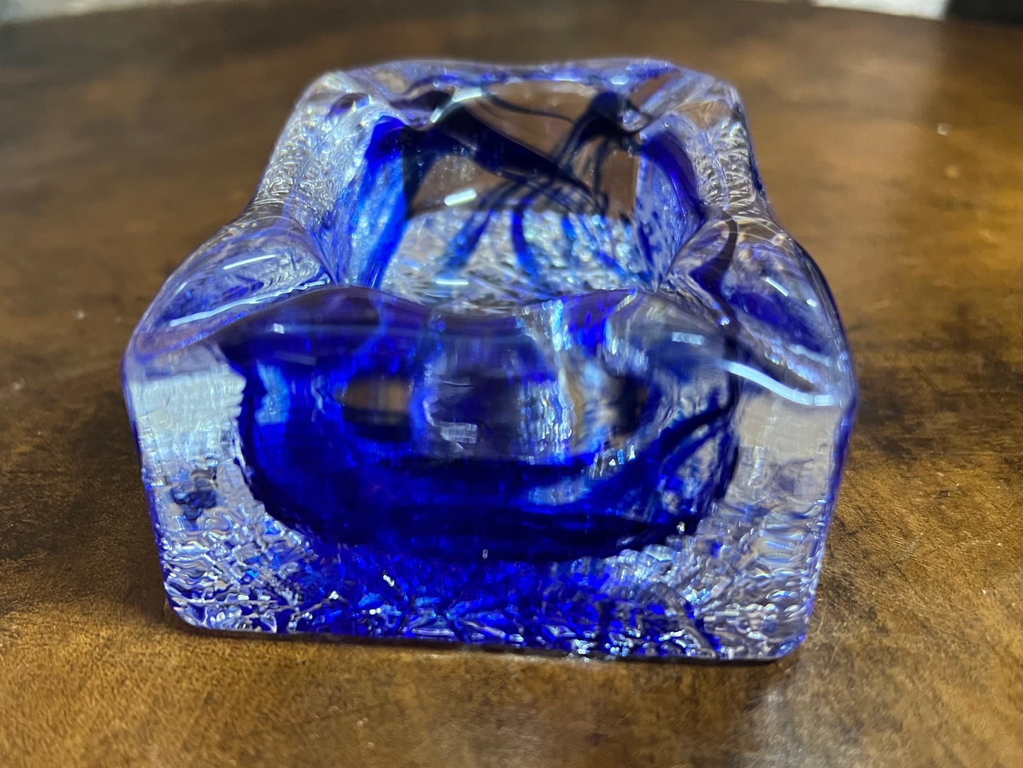 Decorative Glass Ashtray Royal Blue and Clear Heavy Rectangle Unusual Pretty