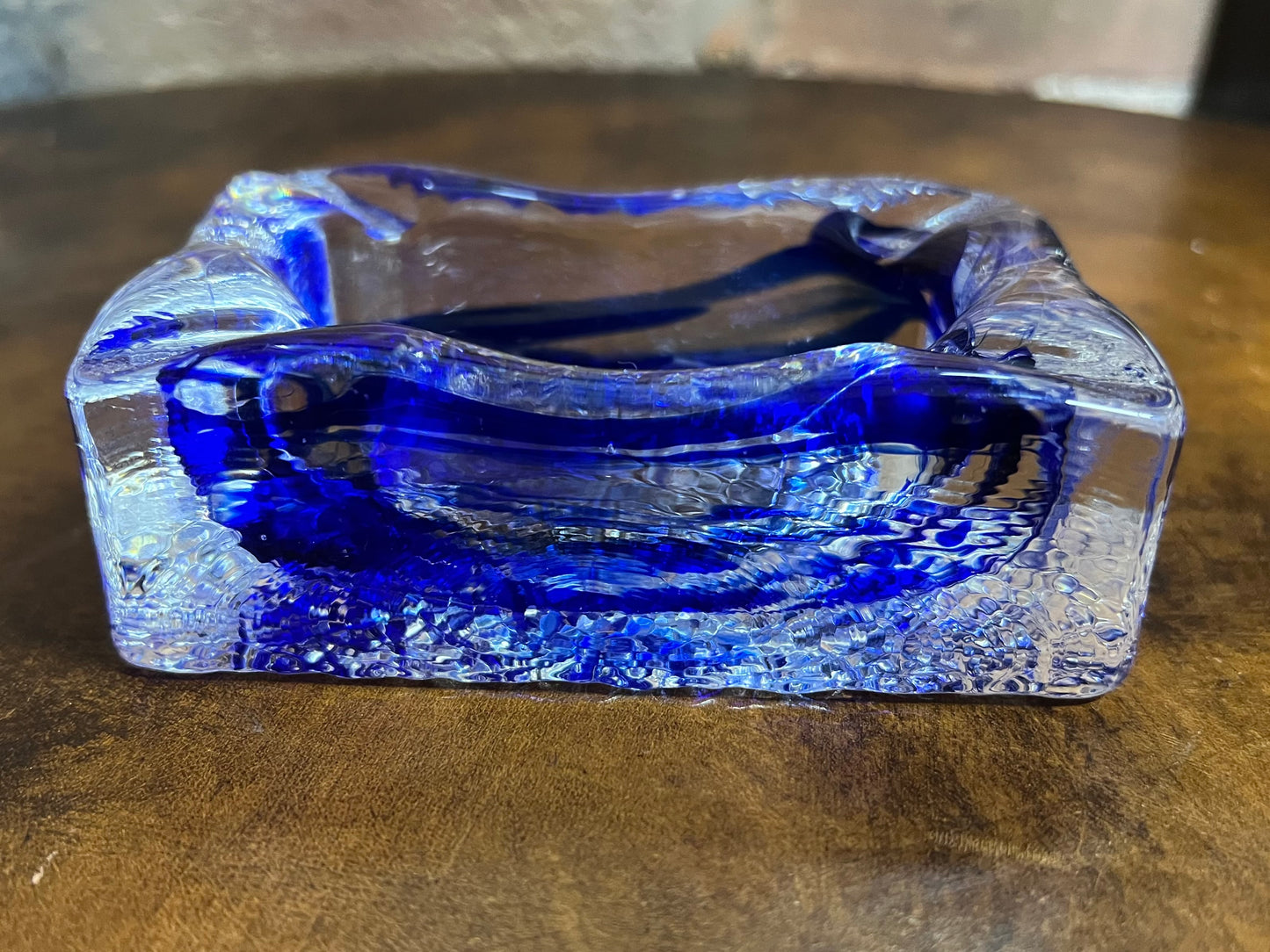 Decorative Glass Ashtray Royal Blue and Clear Heavy Rectangle Unusual Pretty