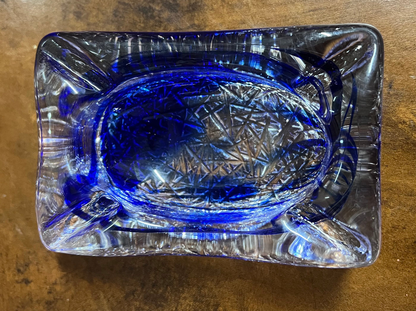 Decorative Glass Ashtray Royal Blue and Clear Heavy Rectangle Unusual Pretty