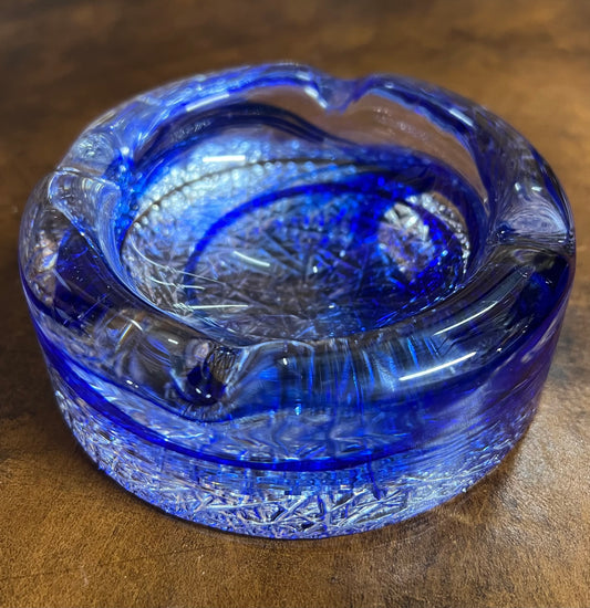 Decorative Glass Ashtray Royal Blue and Clear Heavy Round Unusual Pretty
