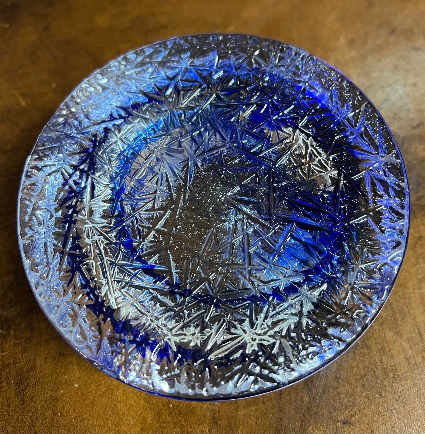 Decorative Glass Ashtray Royal Blue and Clear Heavy Round Unusual Pretty