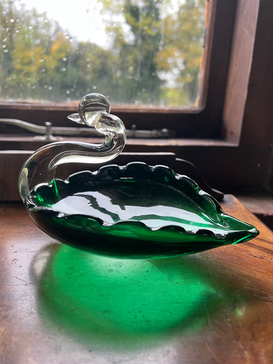 Emerald Green Studio Glass Swan Dish