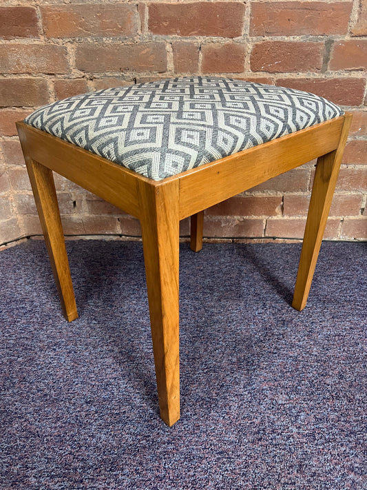 Retro Grey and Silver Fabric Upholstered Footstool with Wooden Legs