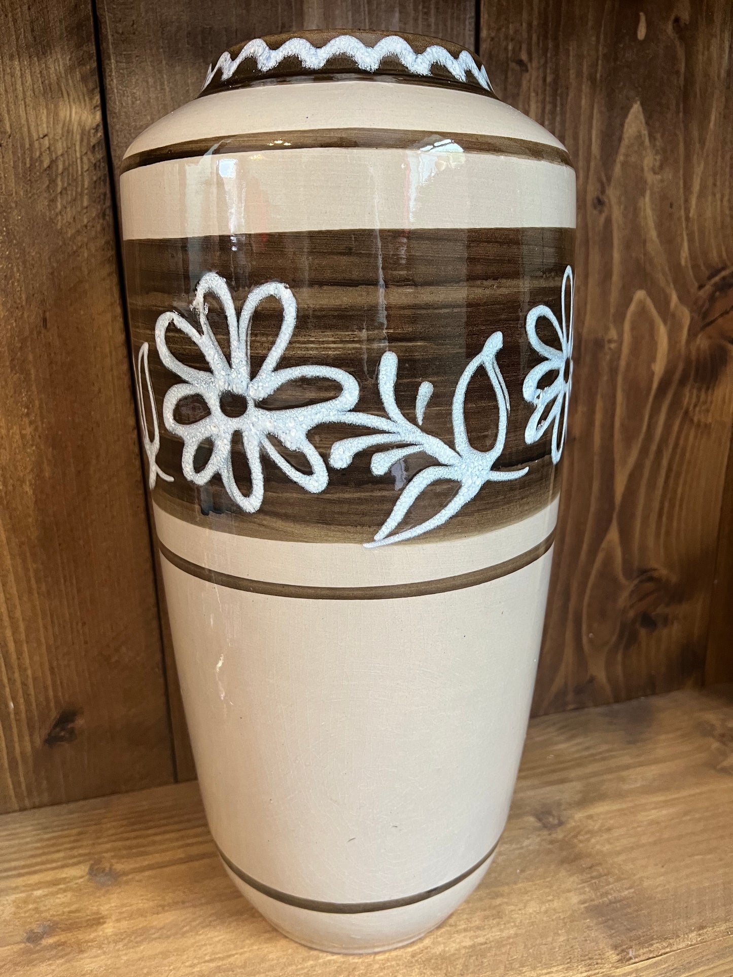West German Large Ceramic Brown Cream Floral Vase