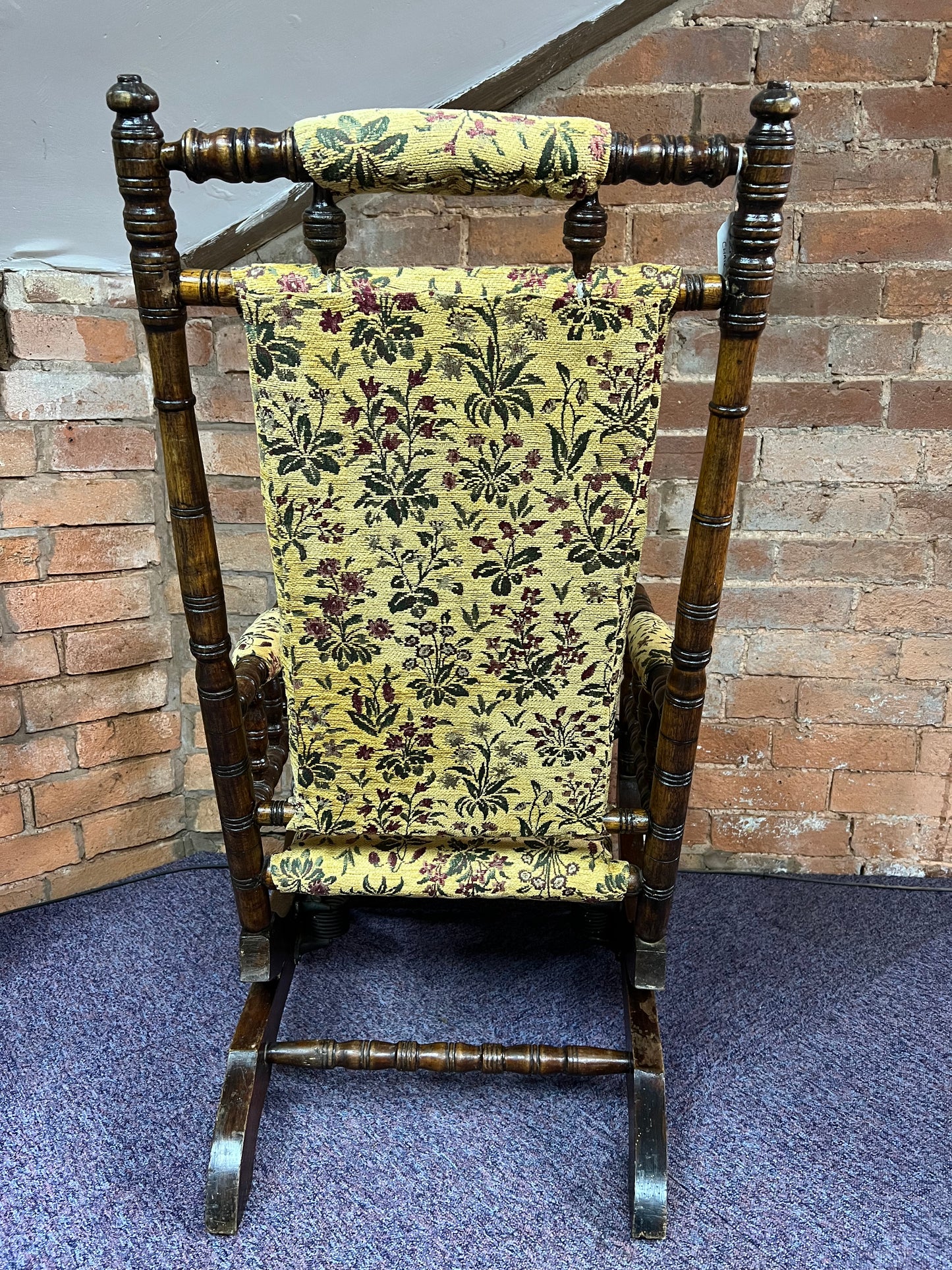 Victorian Turned Wood Rocking Chair with Floral Upholstery