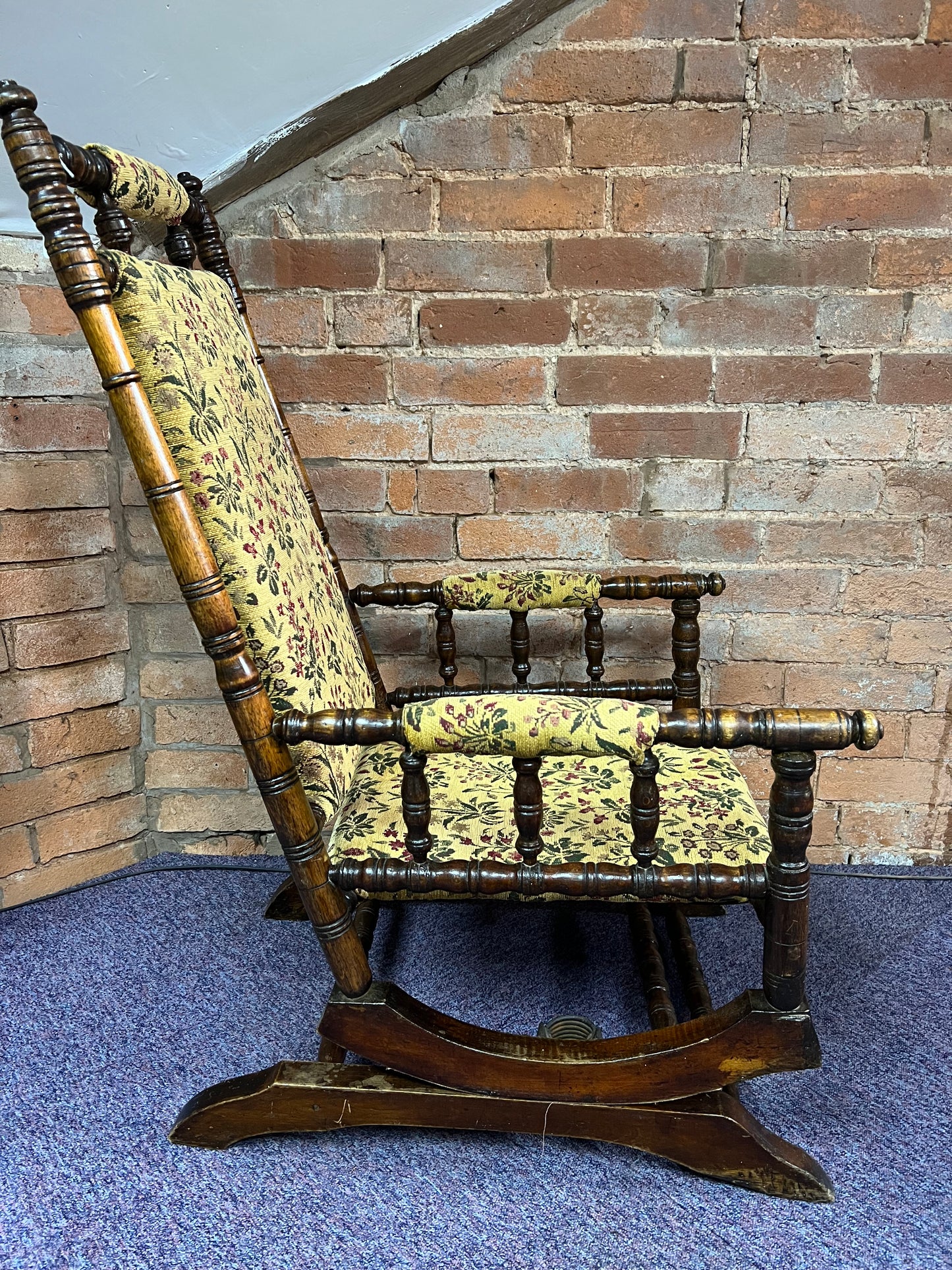 Victorian Turned Wood Rocking Chair with Floral Upholstery