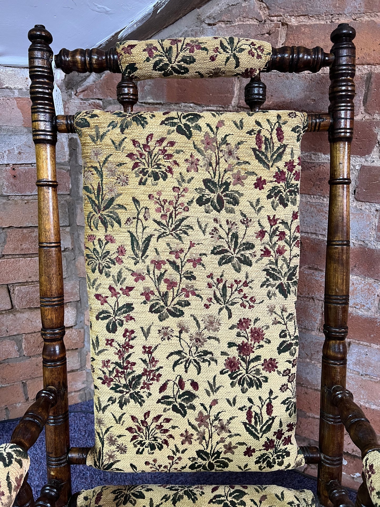 Victorian Turned Wood Rocking Chair with Floral Upholstery