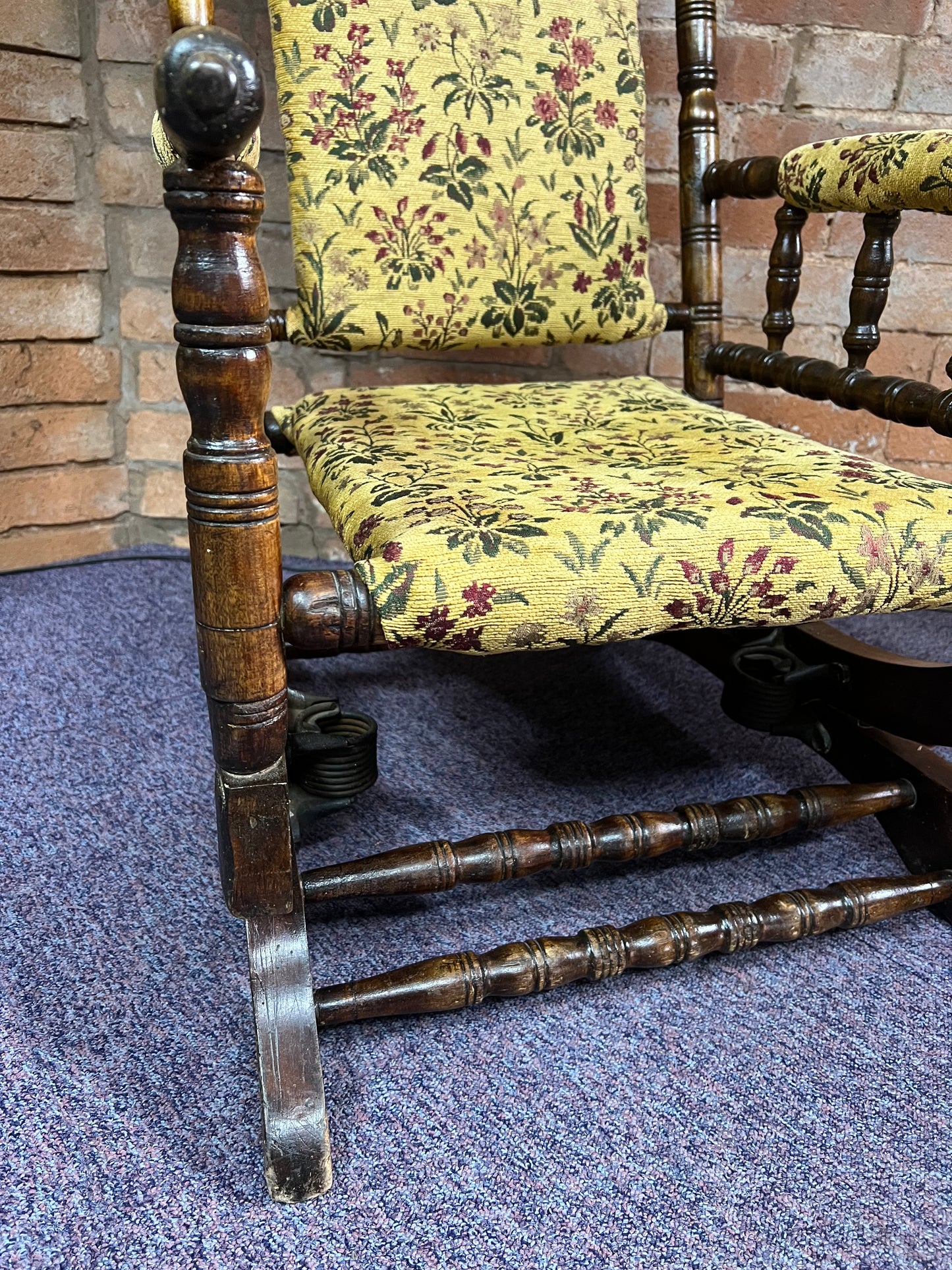 Victorian Turned Wood Rocking Chair with Floral Upholstery
