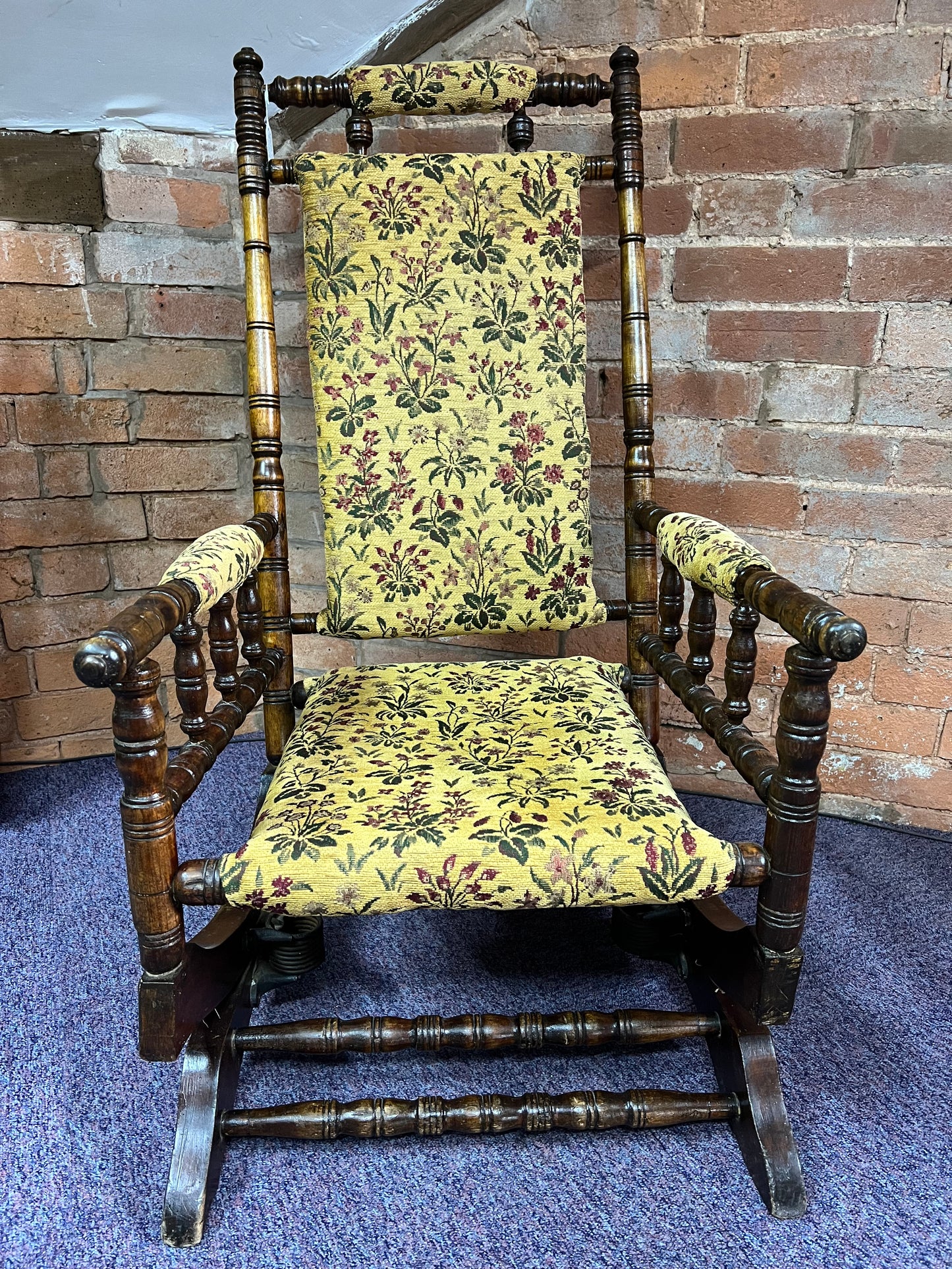 Victorian Turned Wood Rocking Chair with Floral Upholstery