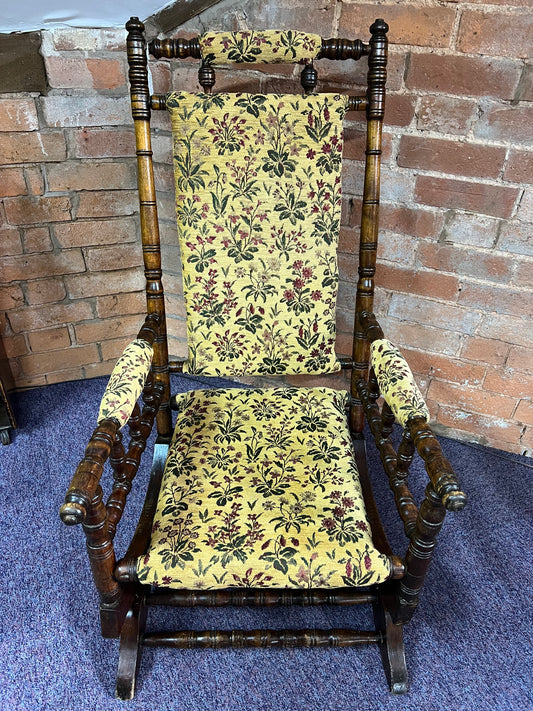 Victorian Turned Wood Rocking Chair with Floral Upholstery