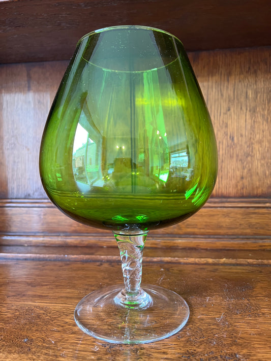 Vintage Green & Clear Stem Oversized Brandy Balloon Glass / Vase