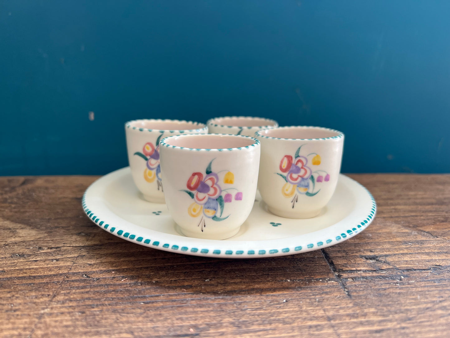 Vintage Poole Pottery Hand Painted Egg Cups and Saucer