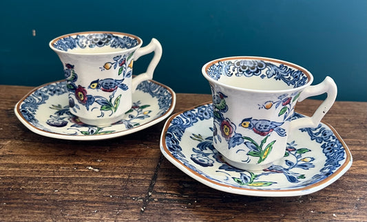 Pair of Vintage Booths Silicon China Teacup and Saucer Sets Blue and White