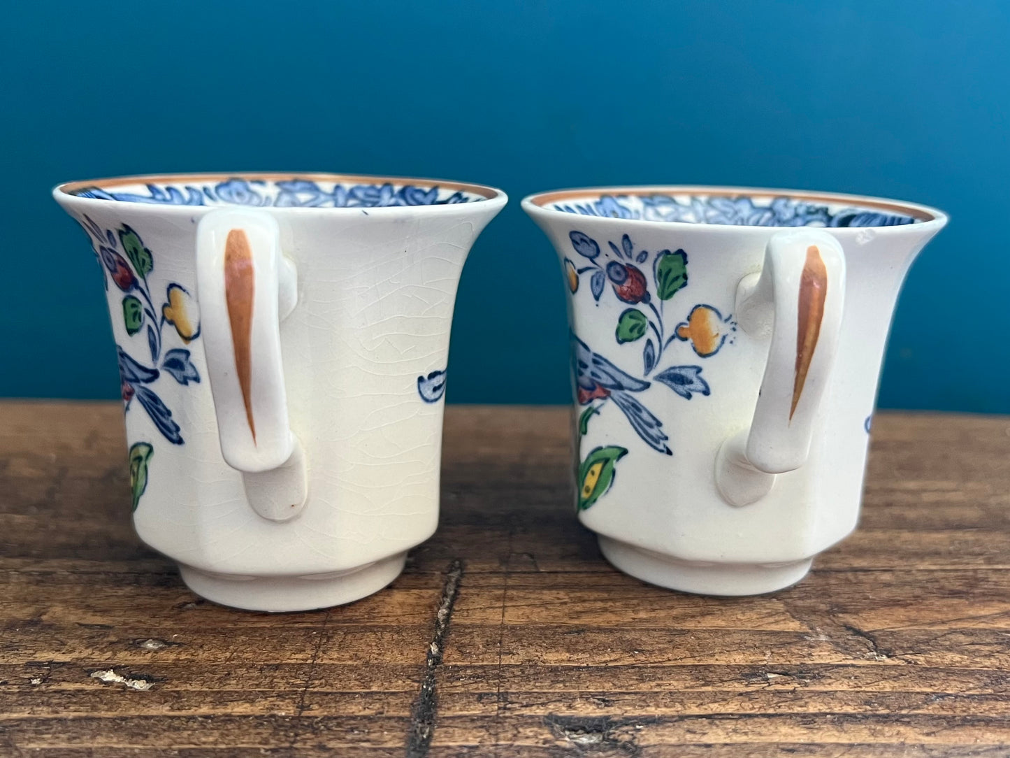 Pair of Vintage Booths Silicon China Teacup and Saucer Sets Blue and White