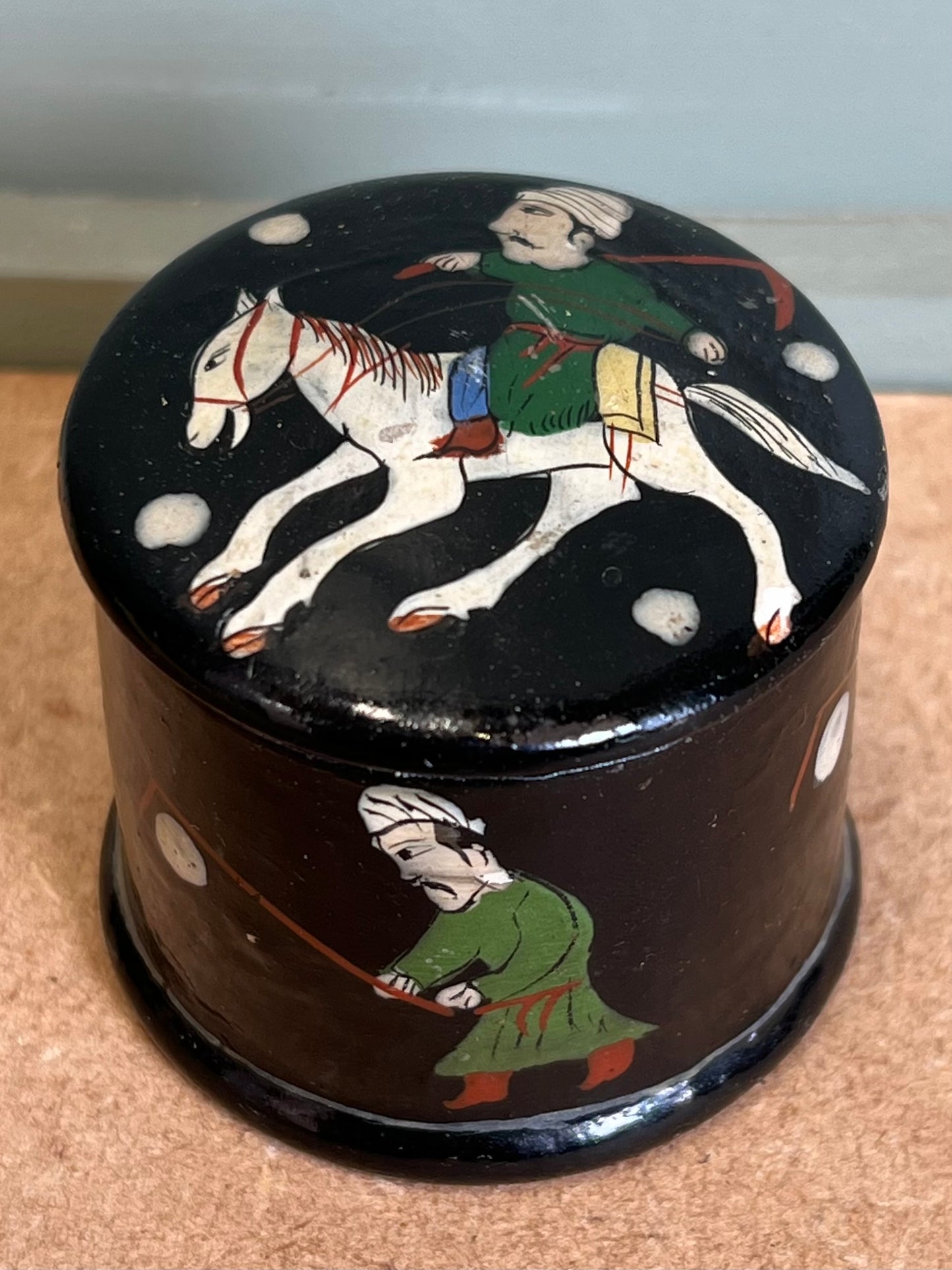 Small Paper Mache Black Trinket Box Lidded Pot Horse Decorative