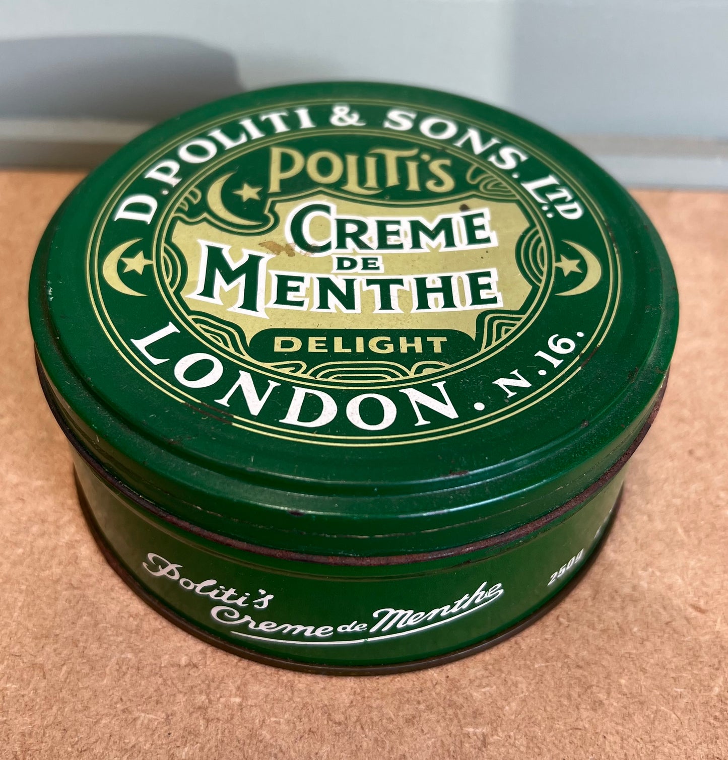 Vintage D Politi's & Son's London Creme De Menthe Metal Green Tin