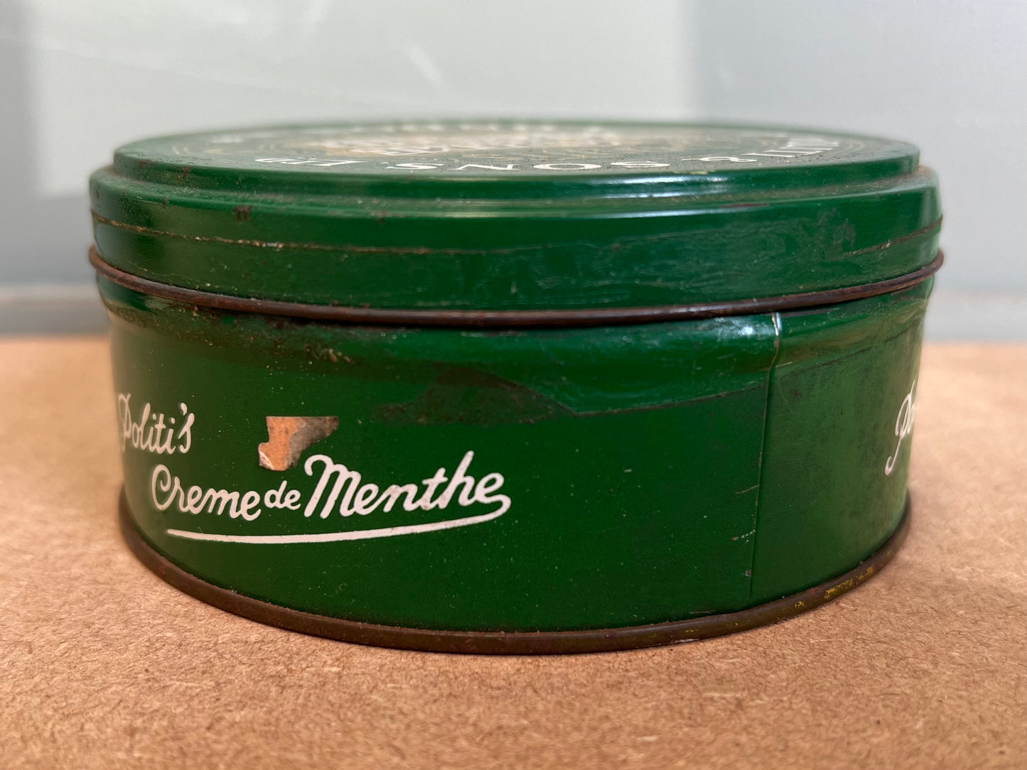 Vintage D Politi's & Son's London Creme De Menthe Metal Green Tin