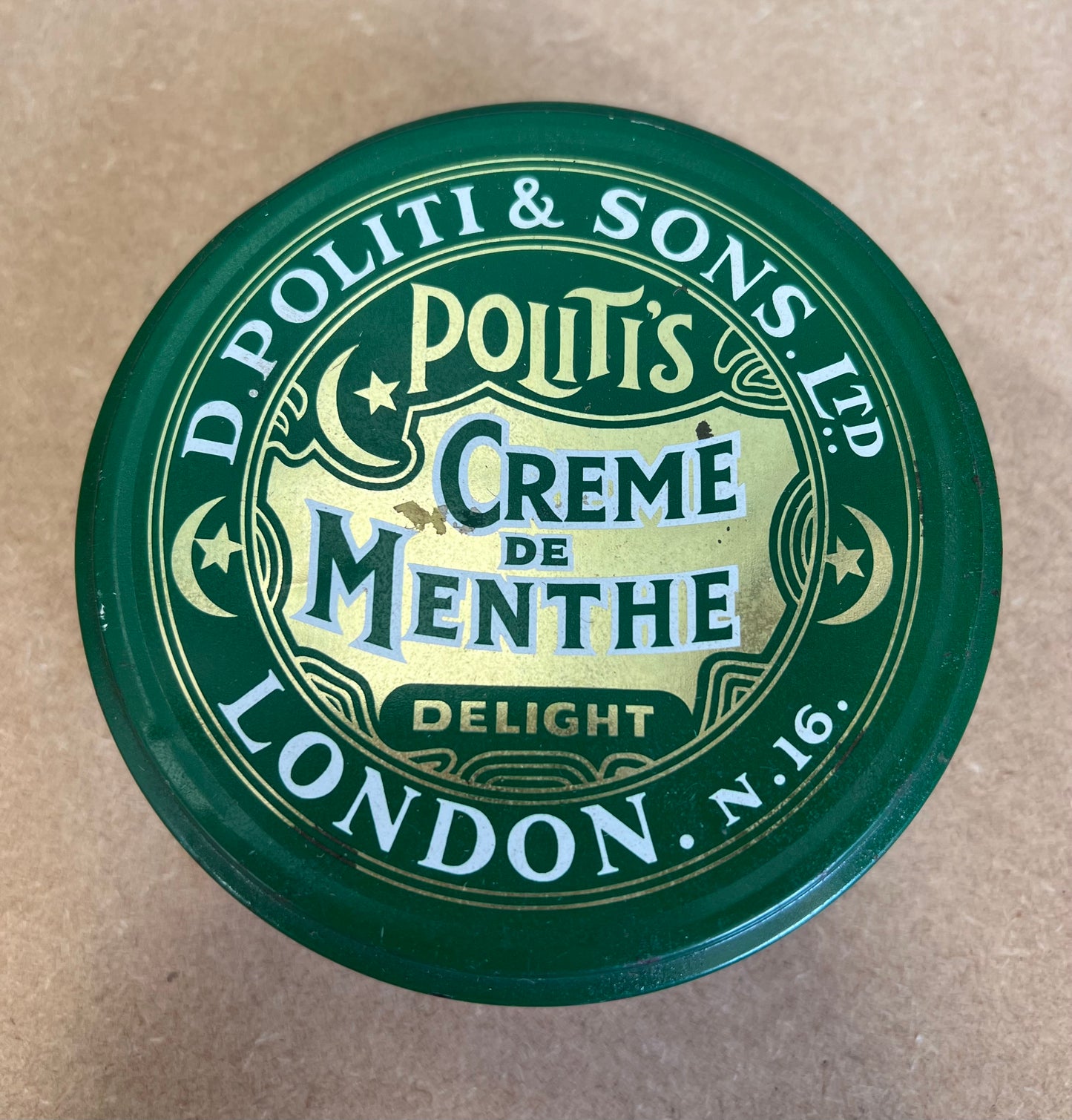 Vintage D Politi's & Son's London Creme De Menthe Metal Green Tin