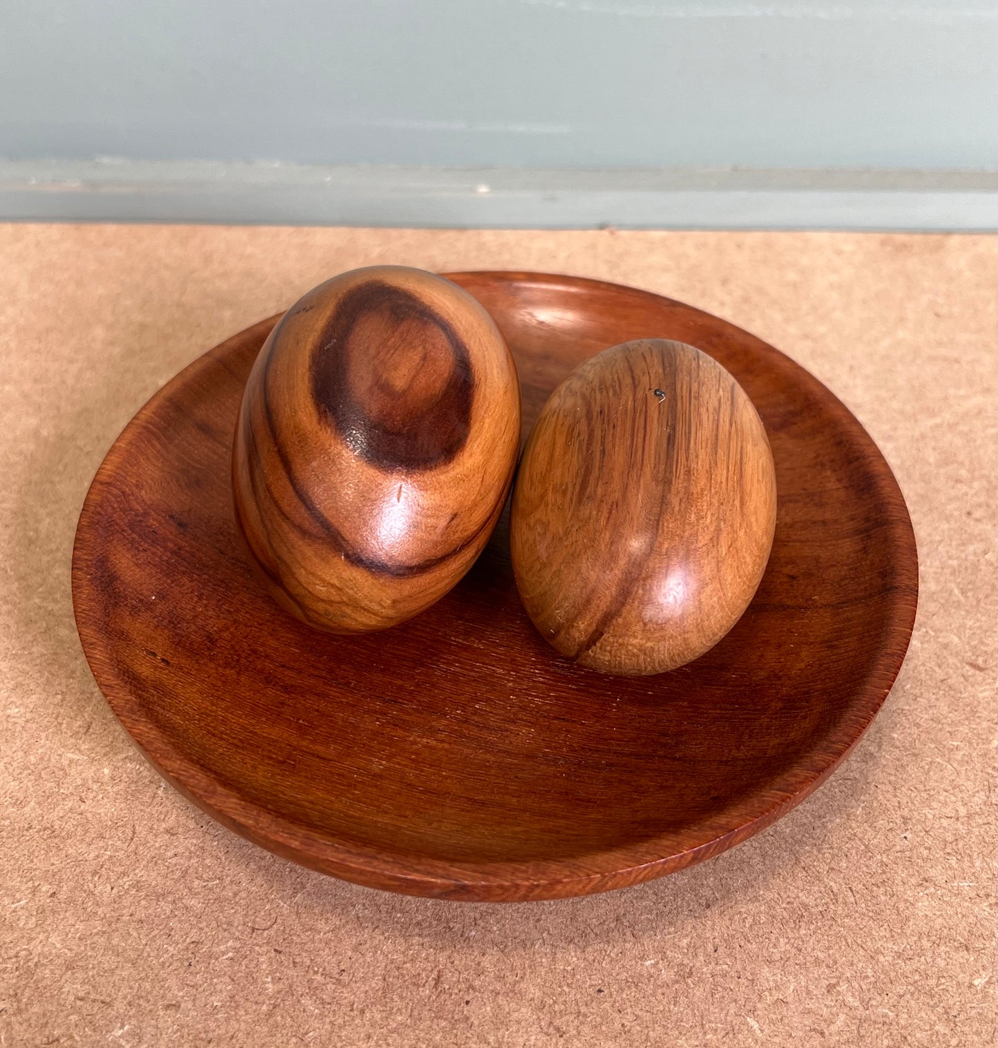 Pair of Wooden Treen Eggs in Treen Bowl Shiny Brown Wood