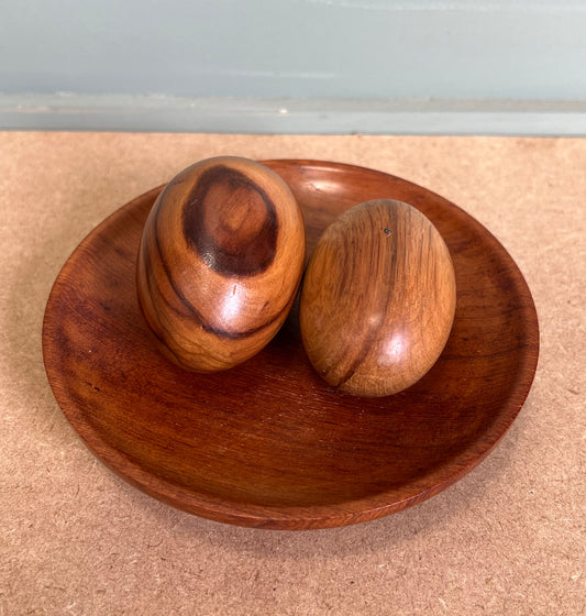 Pair of Wooden Treen Eggs in Treen Bowl Shiny Brown Wood