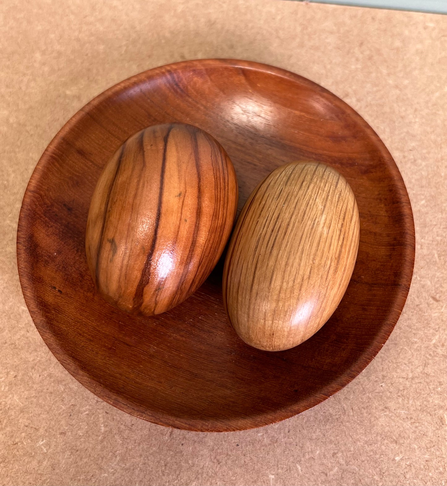 Pair of Wooden Treen Eggs in Treen Bowl Shiny Brown Wood