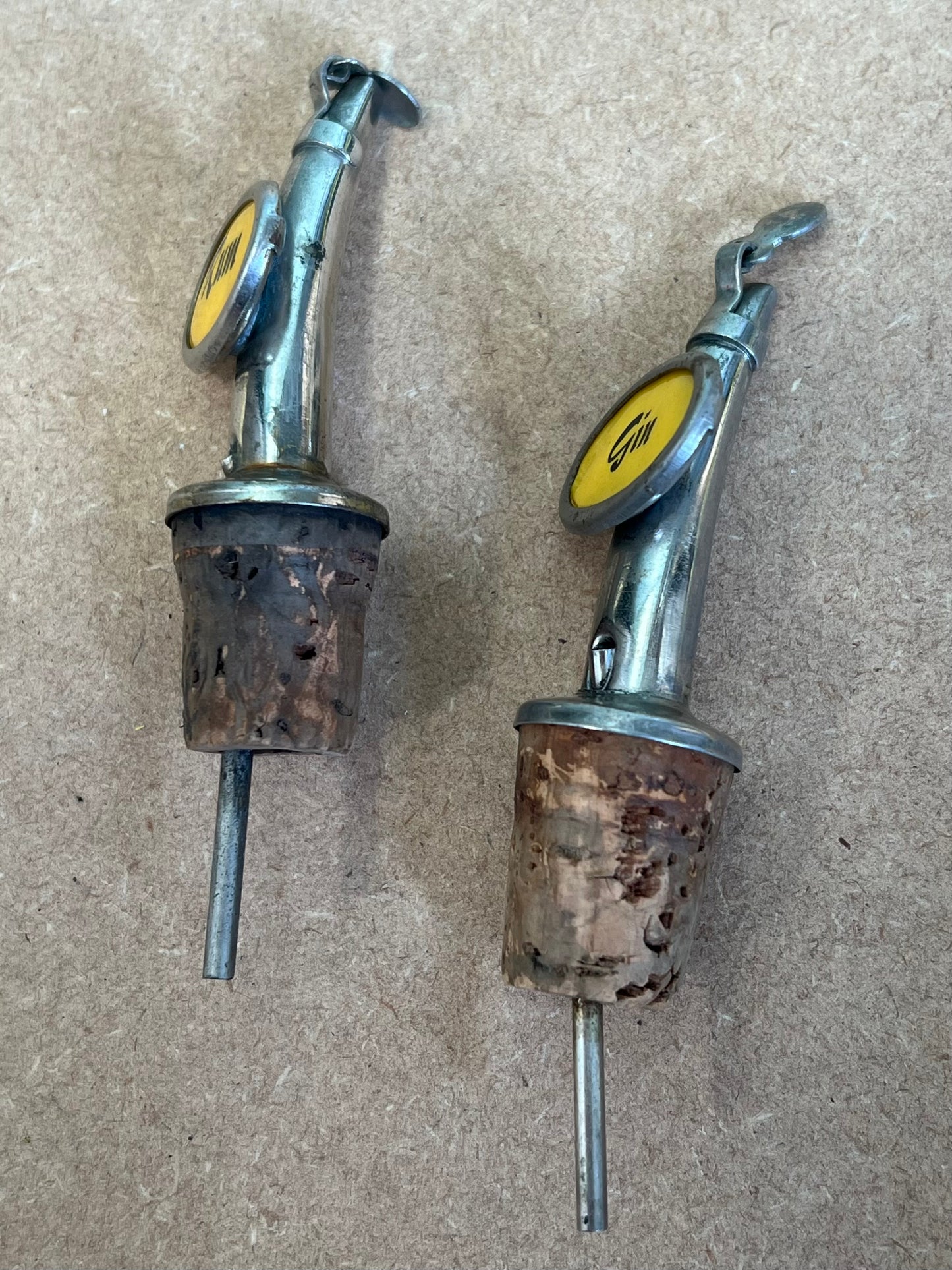 Pair of Vintage Metal Drinks Bottle Pourers Gin & Rum