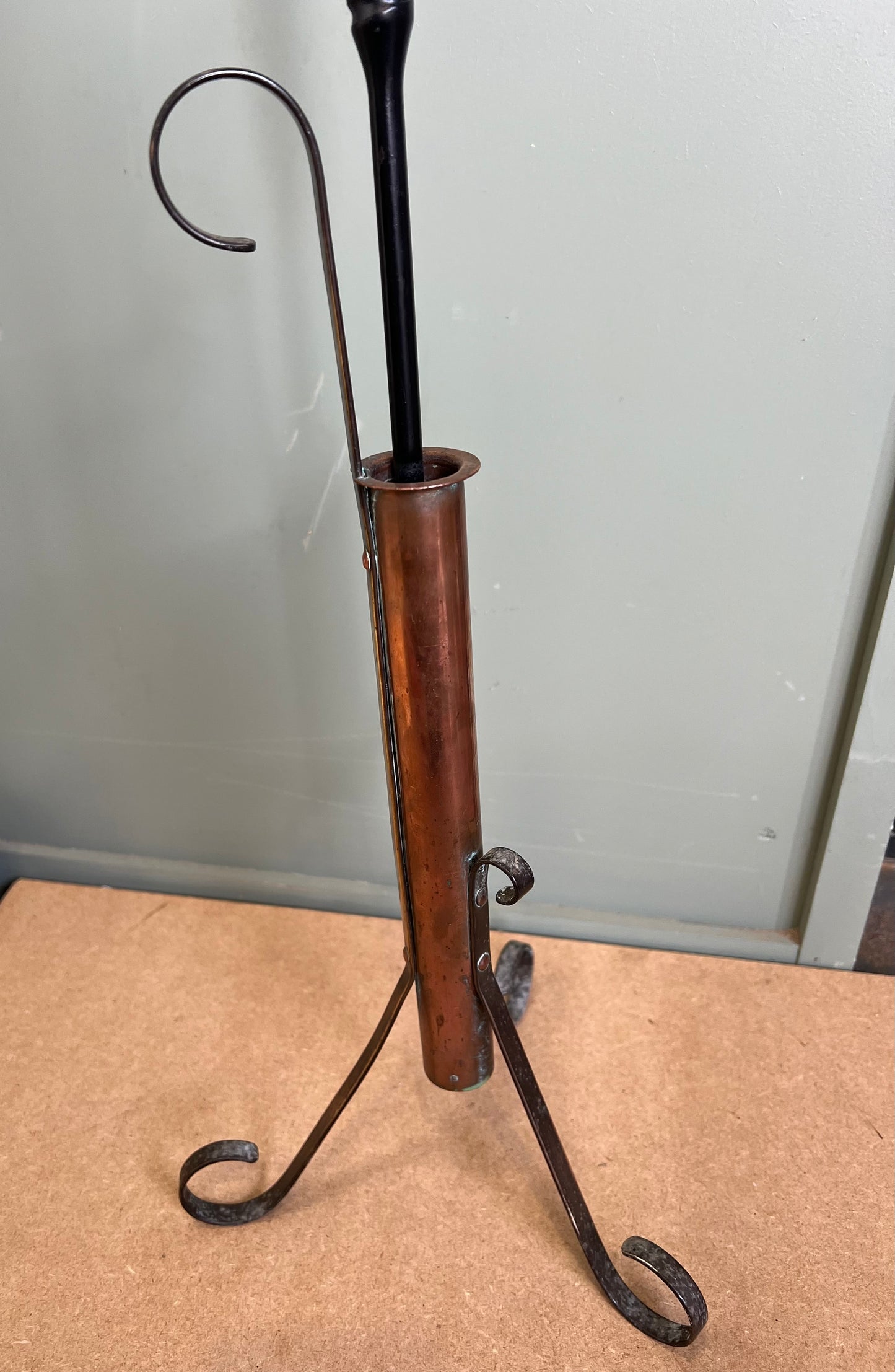 Vintage Black Fire Poker in Copper Stand