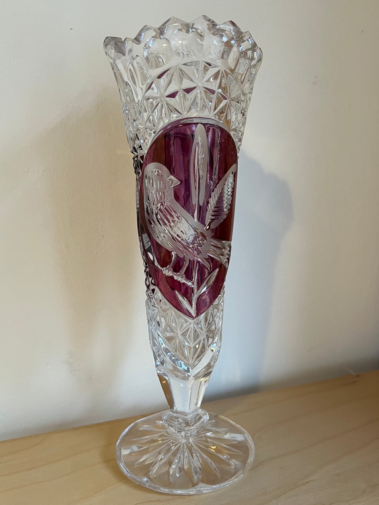 Vintage German Hofbauer Lead Crystal Cut Ruby Red Bird Byrdes Floral Vase