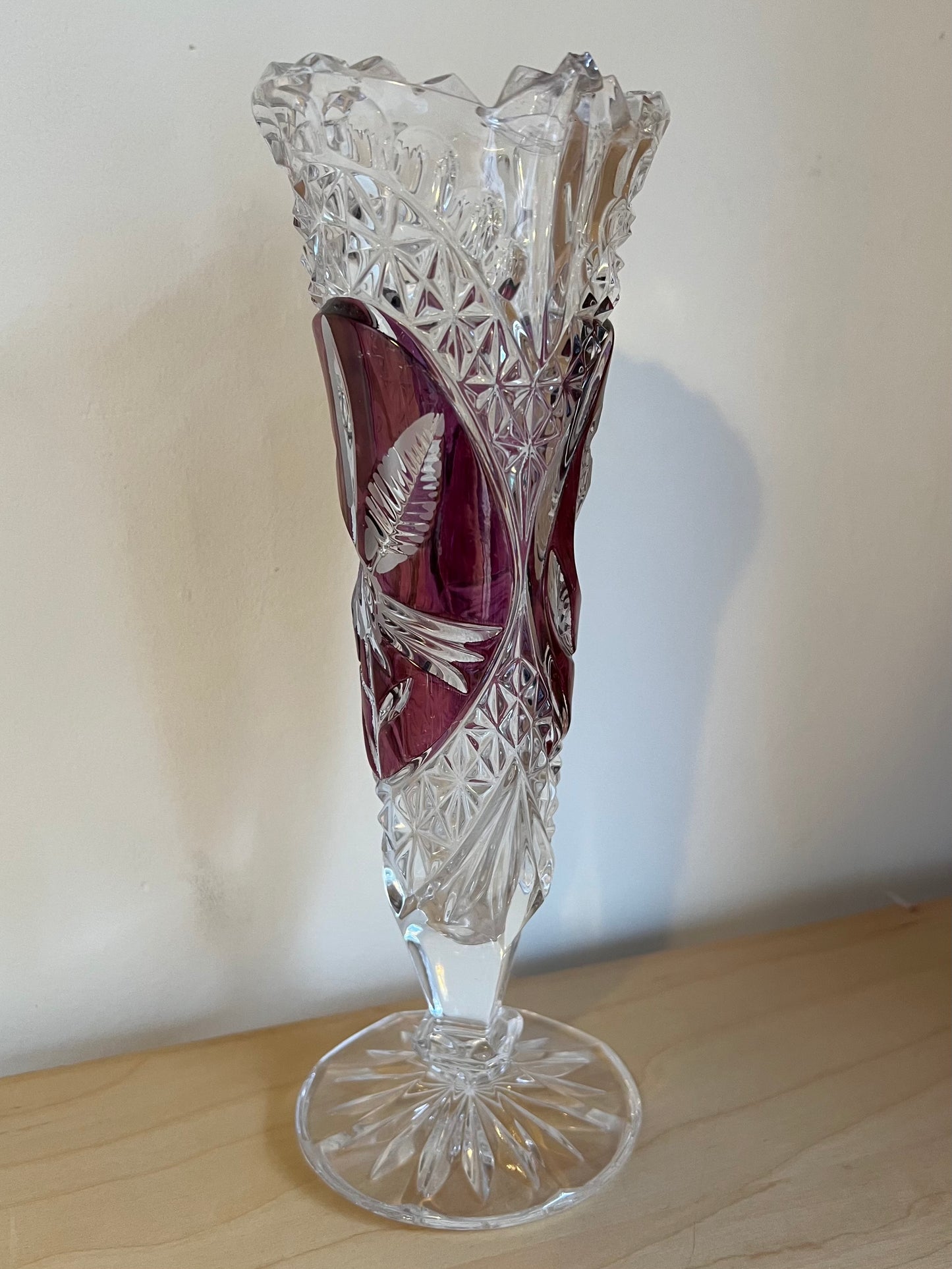 Vintage German Hofbauer Lead Crystal Cut Ruby Red Bird Byrdes Floral Vase