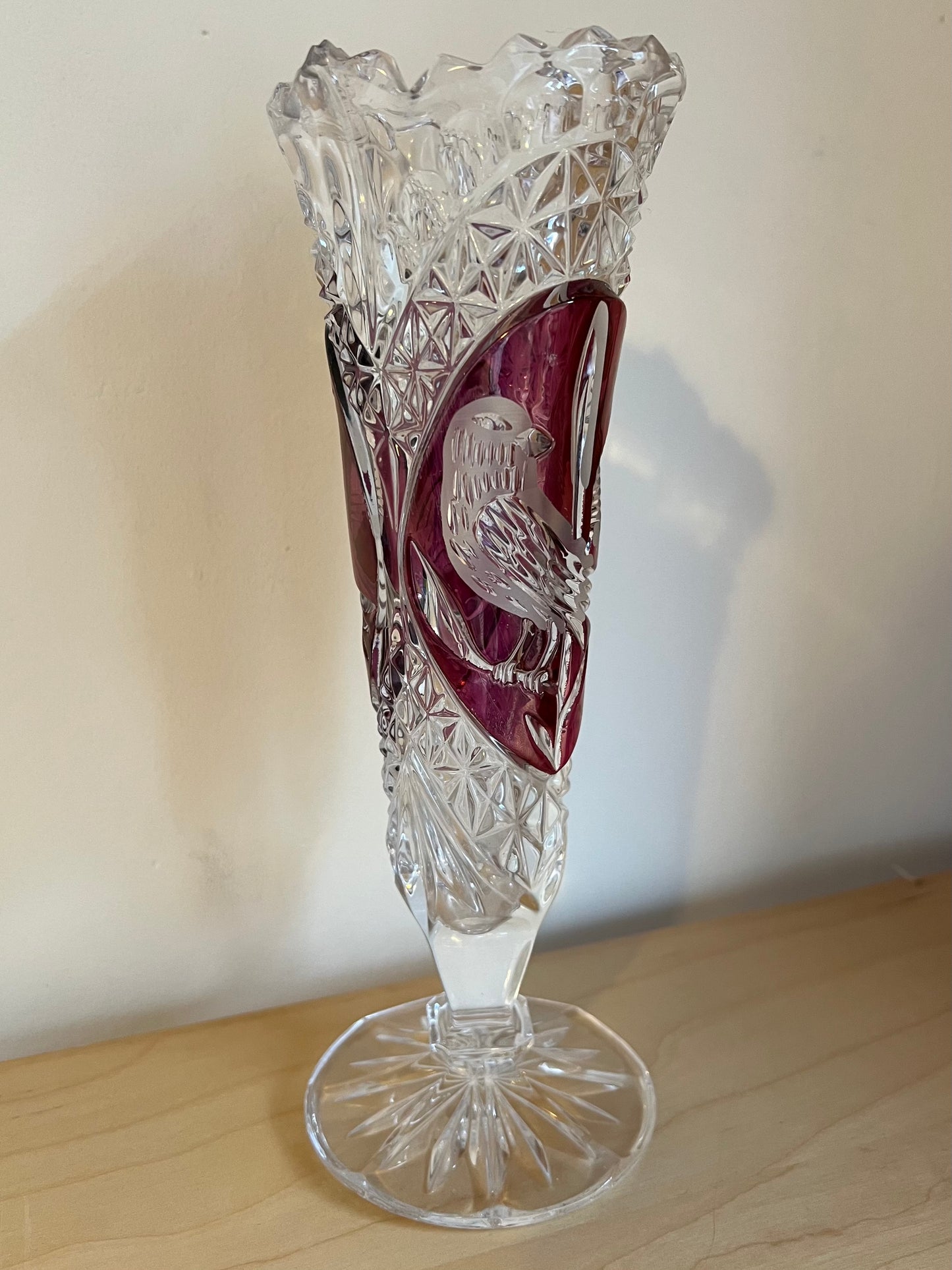 Vintage German Hofbauer Lead Crystal Cut Ruby Red Bird Byrdes Floral Vase