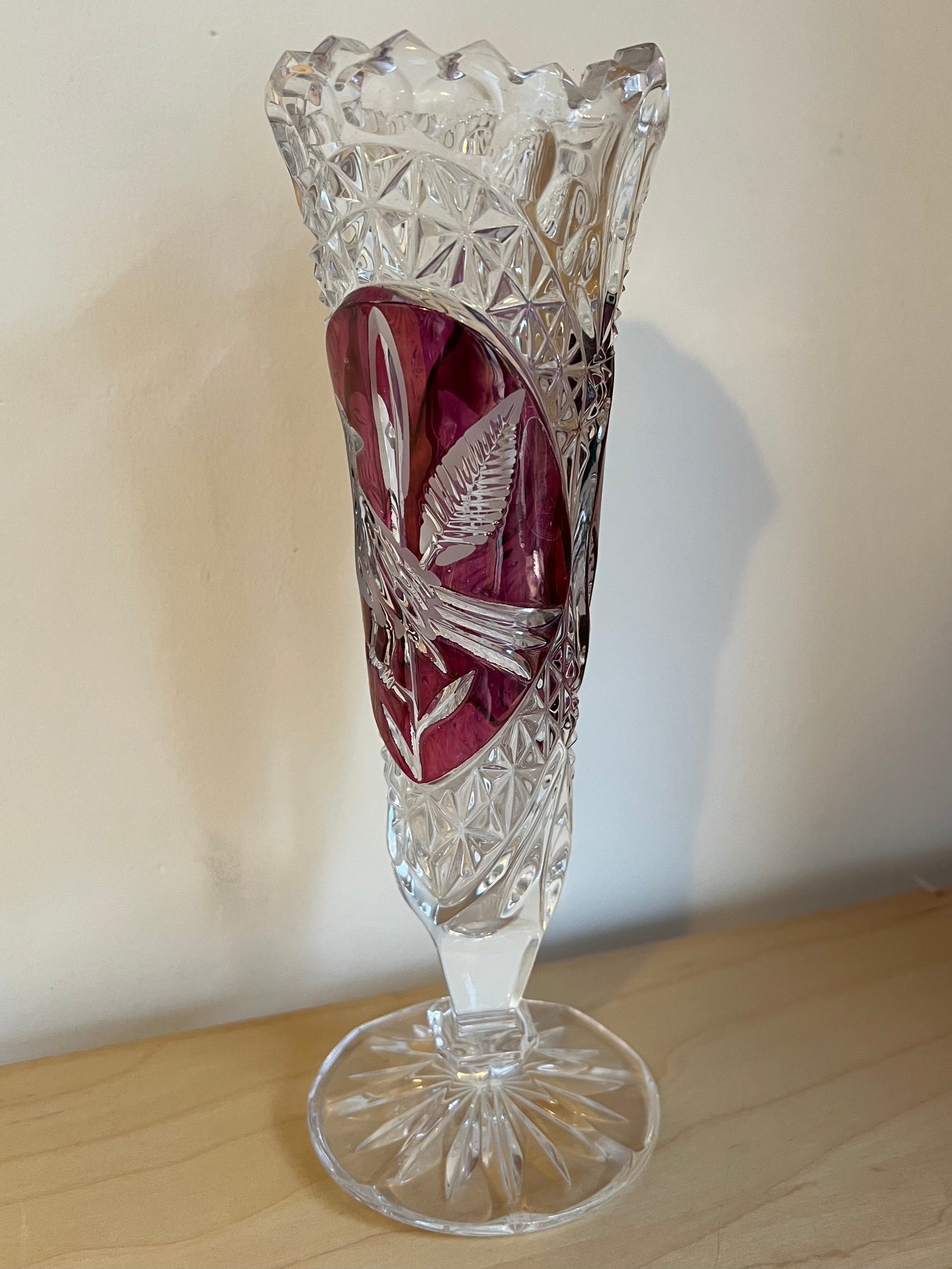 Vintage German Hofbauer Lead Crystal Cut Ruby Red Bird Byrdes Floral Vase