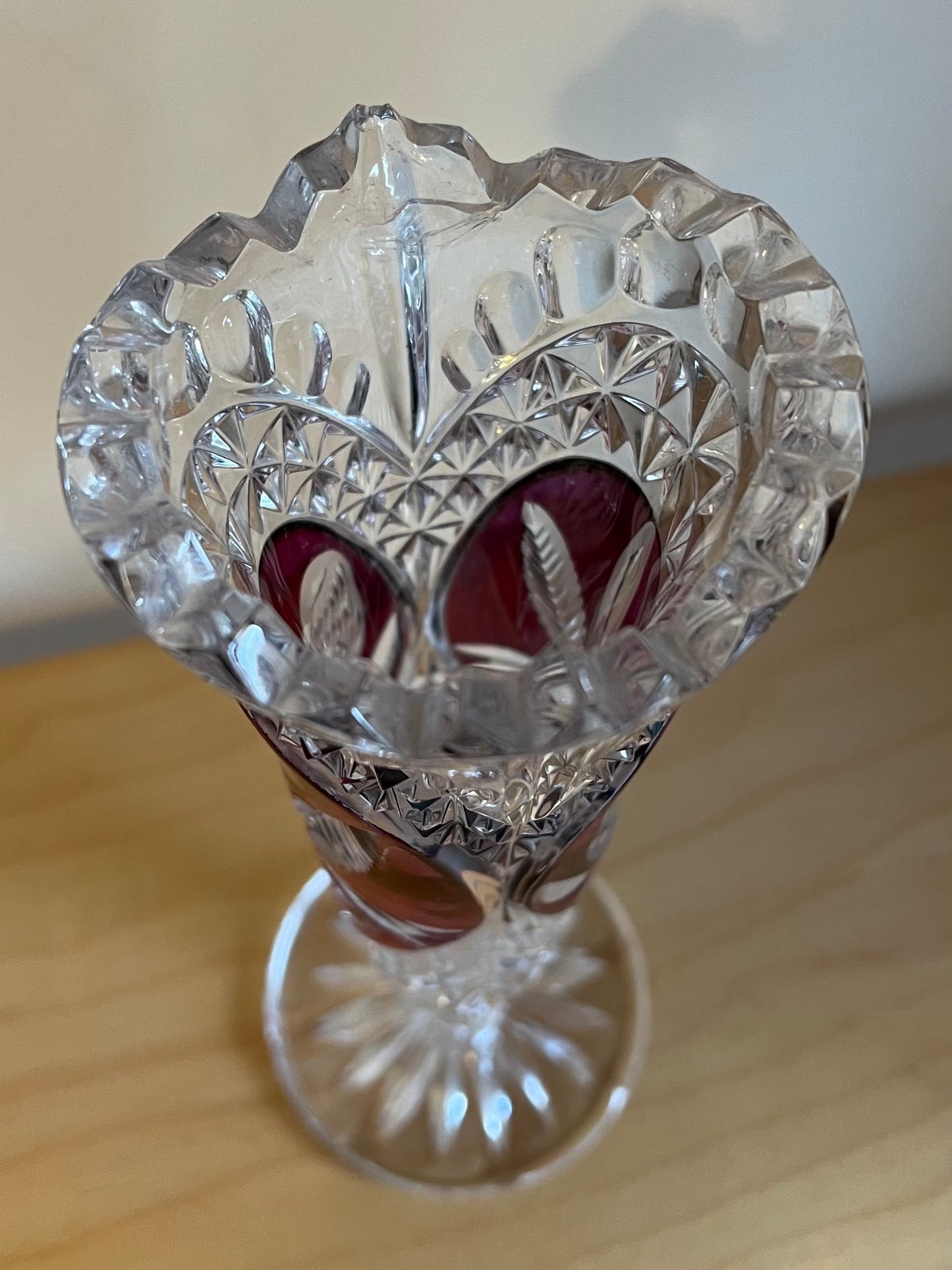 Vintage German Hofbauer Lead Crystal Cut Ruby Red Bird Byrdes Floral Vase