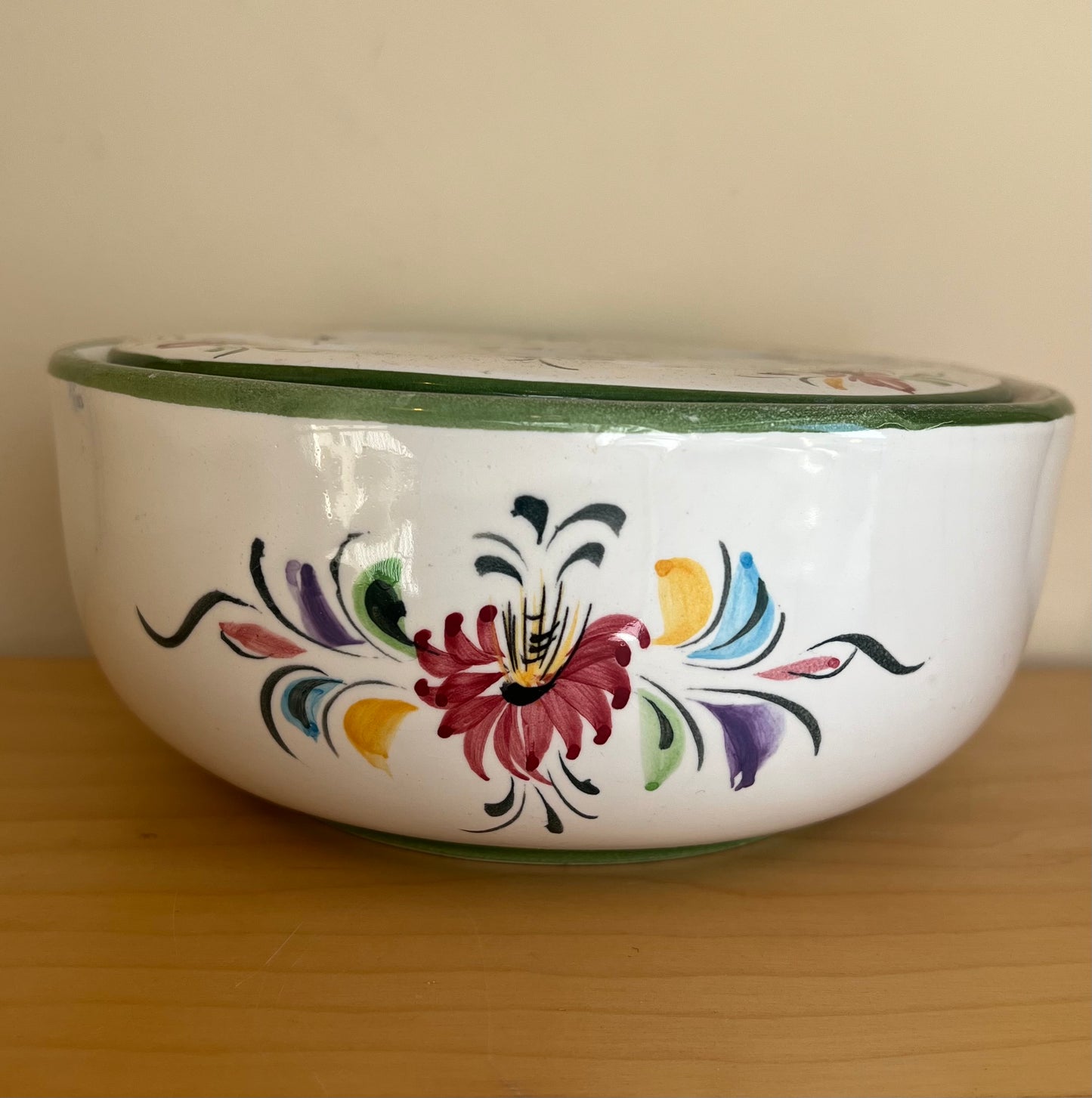 Vintage Hand Painted Floral Rose Bowl with Frog Top Made in Portugal