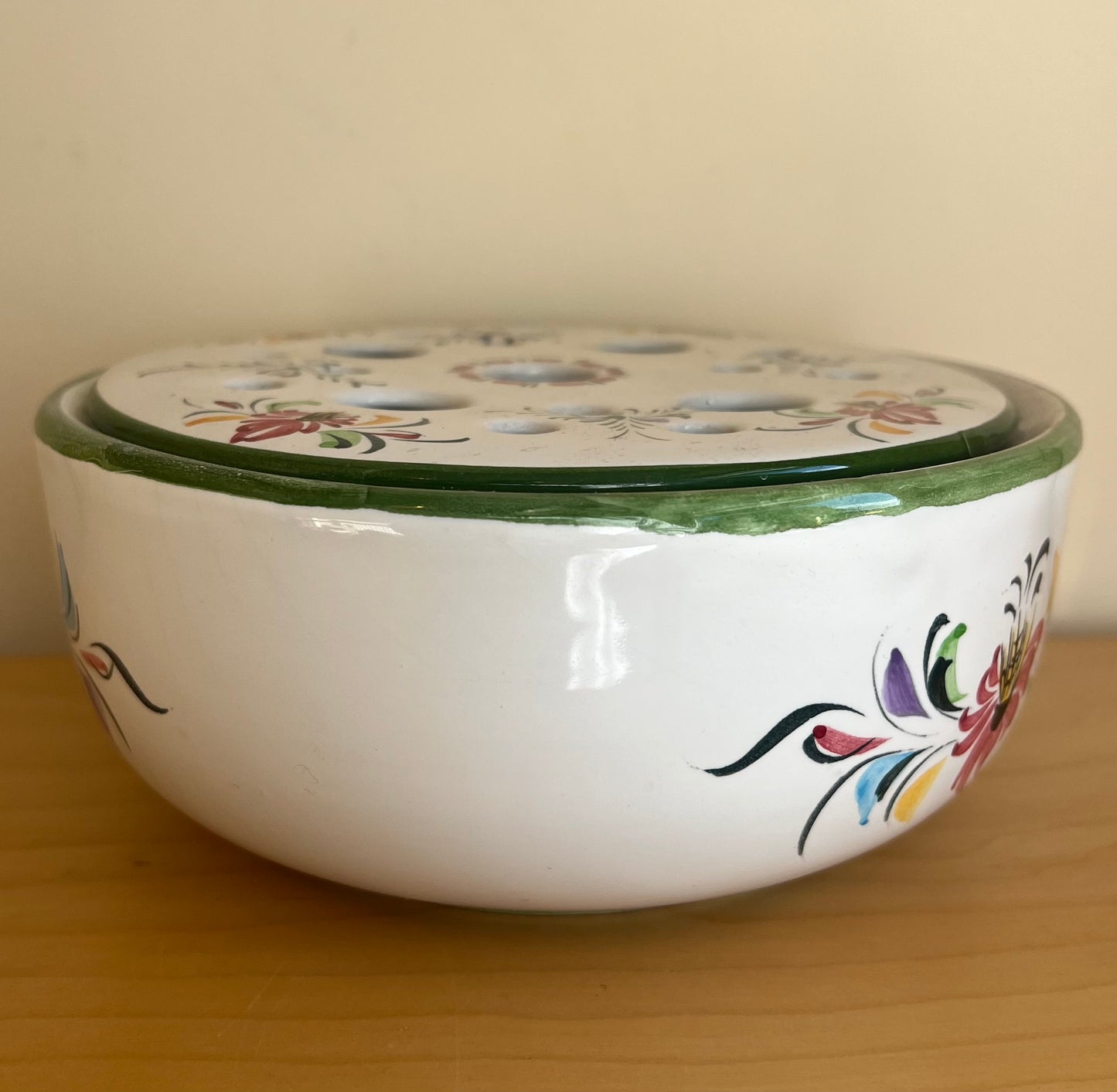 Vintage Hand Painted Floral Rose Bowl with Frog Top Made in Portugal