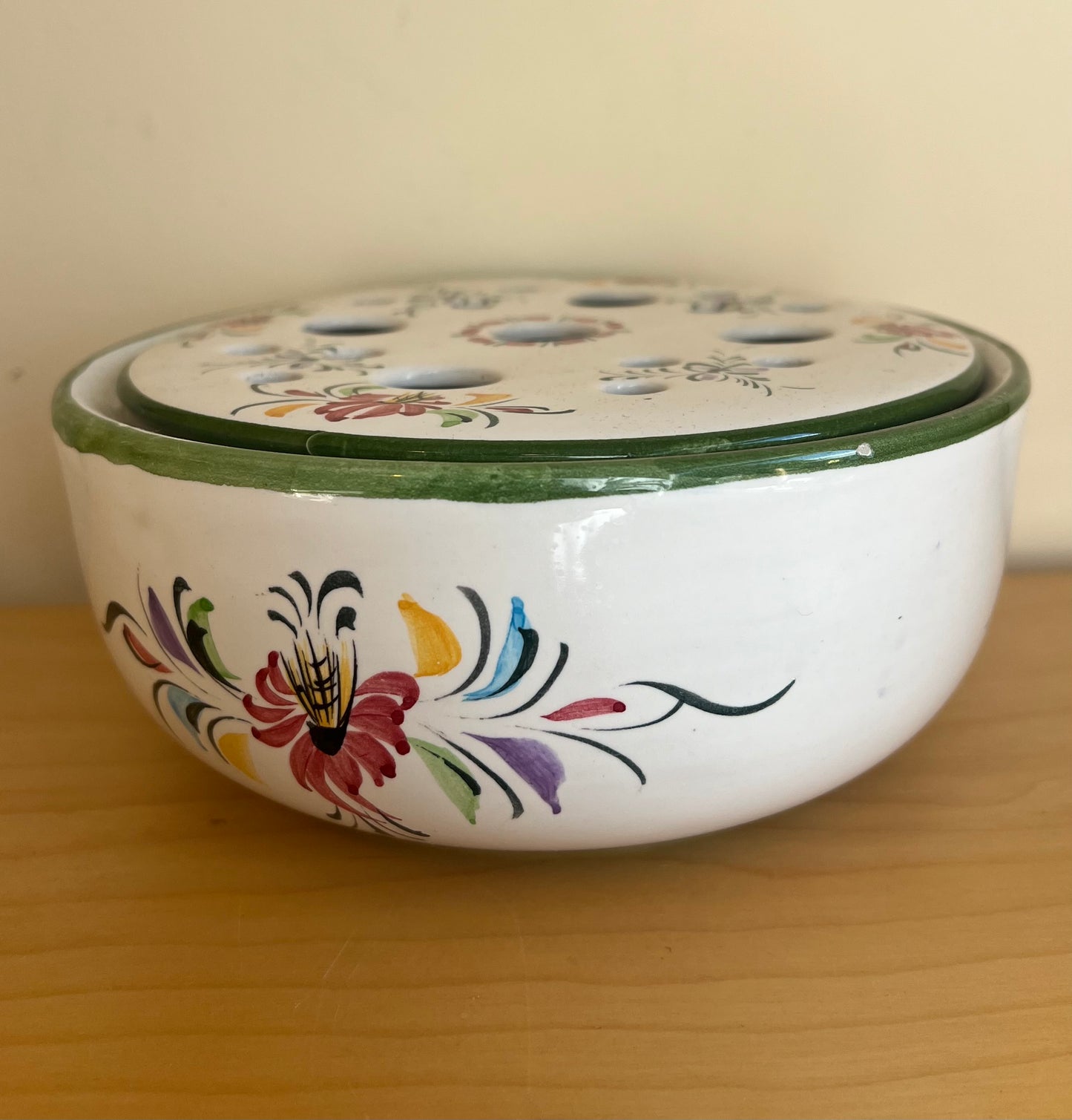 Vintage Hand Painted Floral Rose Bowl with Frog Top Made in Portugal