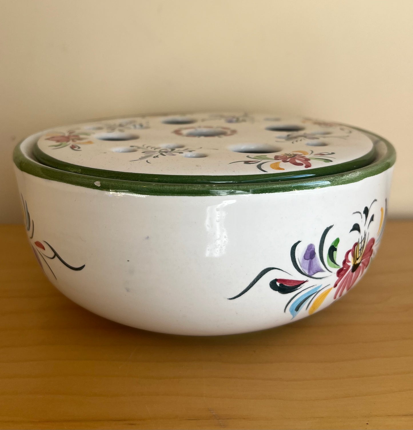 Vintage Hand Painted Floral Rose Bowl with Frog Top Made in Portugal