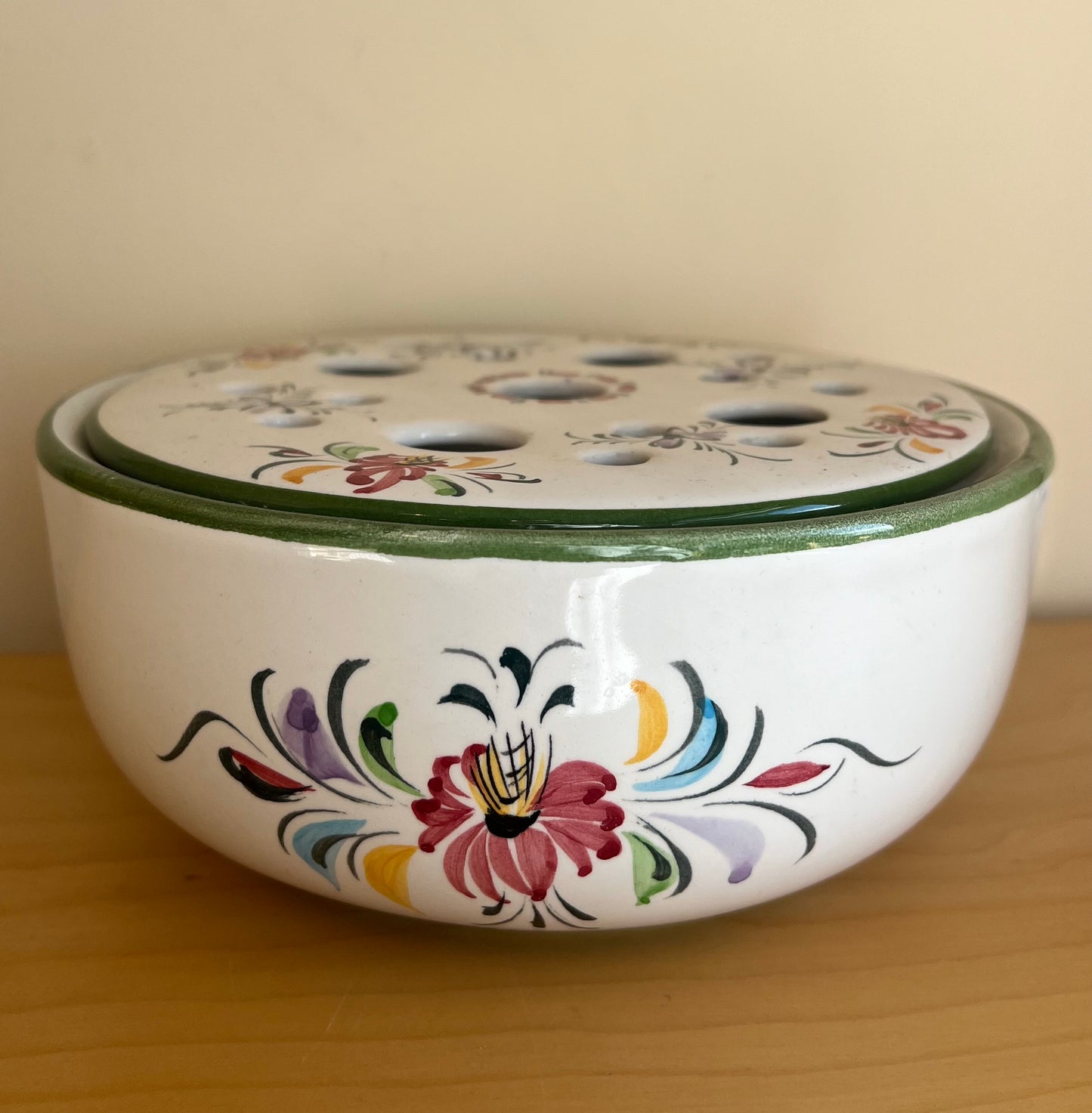 Vintage Hand Painted Floral Rose Bowl with Frog Top Made in Portugal